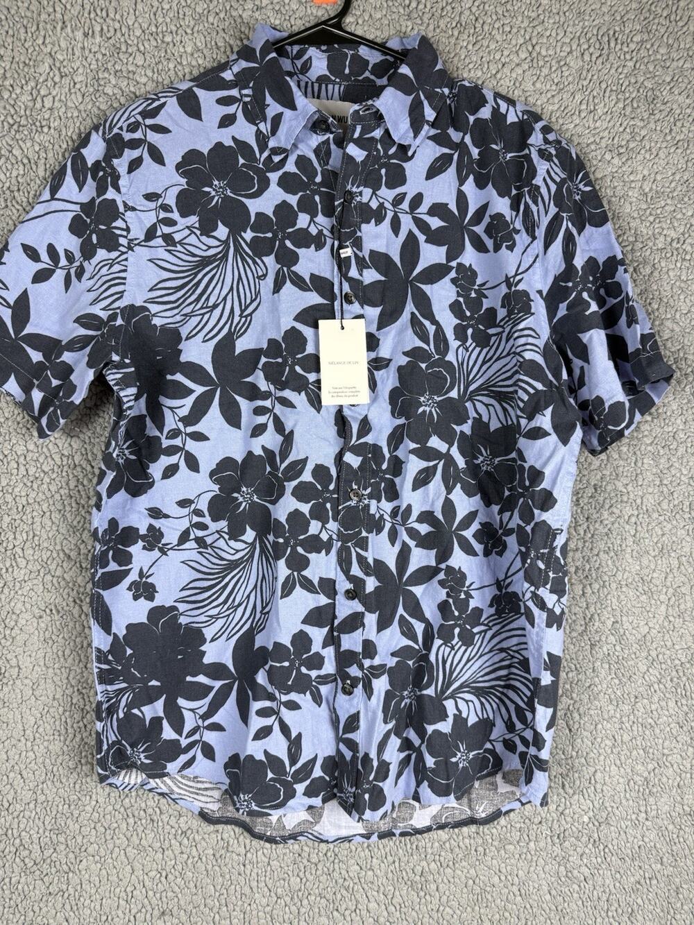 NWT Jason Wu Shirt Men’s M Blue Black Floral Linen Blend Button Down Hawaiian